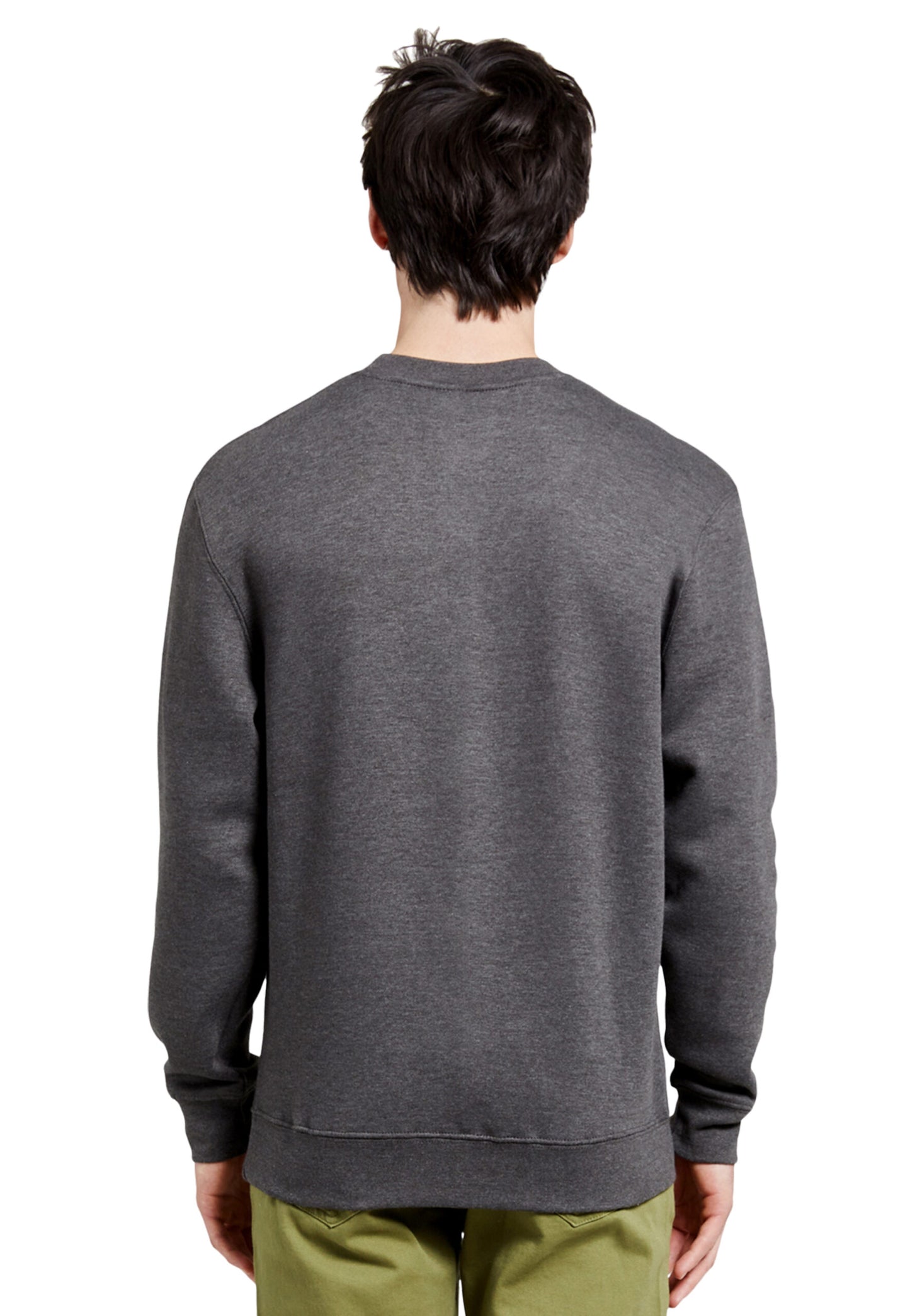 Back view of a man wearing a grey charcoal sweatshirt featuring a striking painting-style paintover graphic of a man or woman wearing a coat with red nails and red lips. This piece blends the world of art and fashion, standing out among trendy attires you only discover in artist studios.