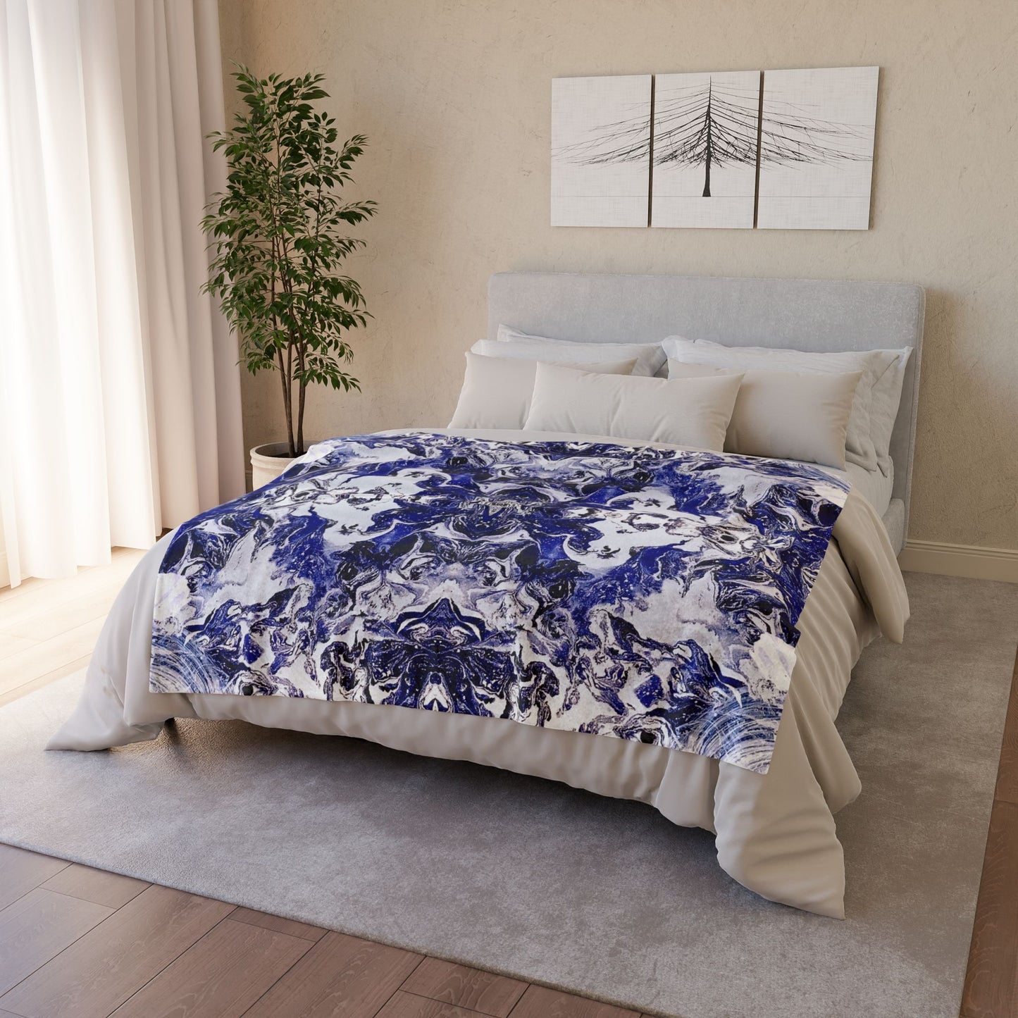 Bedroom with a colorful blanket featuring a vibrant pattern of floral and abstract shapes on a white background, reminiscent of a contemporary painting. Inspired by designs you only find in art studios, it brings a touch of artistic flair to your home decor and house decor. Perfect for enhancing any room with style and creativity, it is an ideal addition for those who appreciate thoughtful interior design and the beauty of art.