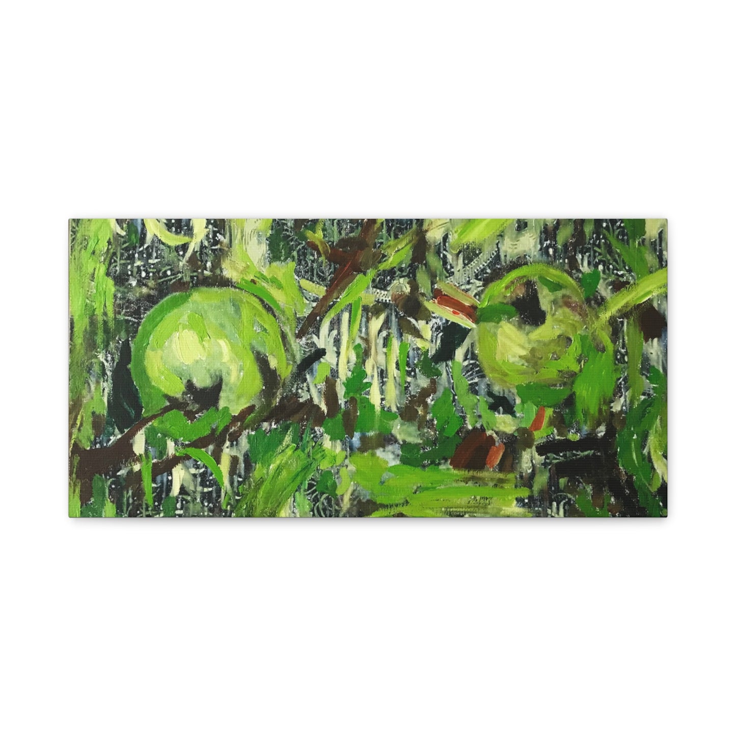 This canvas print features green apples and brown tones, accented with abstract floral and decorative patterns on a white background. Inspired by pieces you might discover in an art shop, artwork shop, or artist studio, it brings the creativity of a modern painting into your space. Perfect for enhancing your home decor, this piece blends art and interior design seamlessly, making it an ideal example of interior design art that adds style and sophistication. Front view of an elongated canvas print.