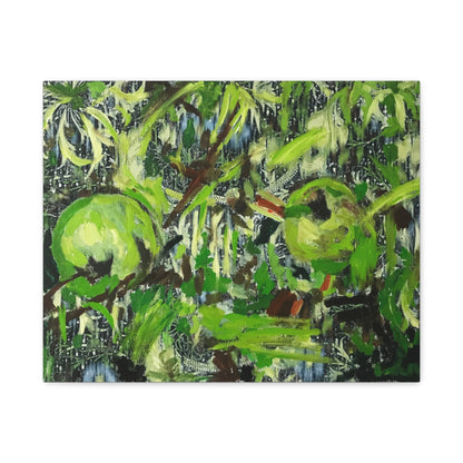 This canvas print features green apples and brown tones, accented with abstract floral and decorative patterns on a white background. Inspired by pieces you might discover in an art shop, artwork shop, or artist studio, it brings the creativity of a modern painting into your space. Perfect for enhancing your home decor, this piece blends art and interior design seamlessly. Front view of a larger canvas print on a white background.
