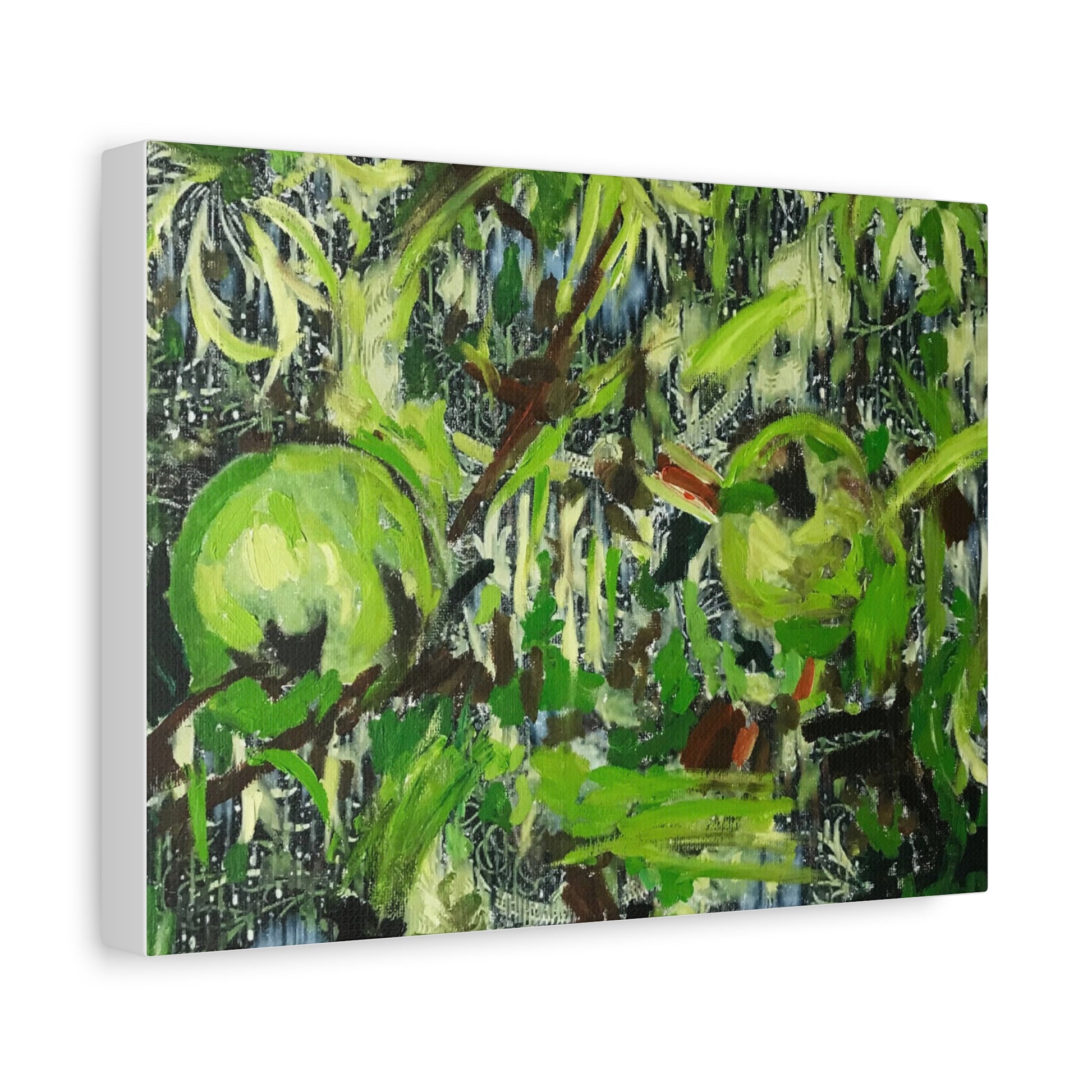 Side view of a matte canvas print featuring green apples and brown tones, accented with abstract floral and decorative patterns on a white background. Inspired by pieces you might discover in an art shop, artwork shop, or artist studio, it brings the design creativity of a modern painting into your interior.