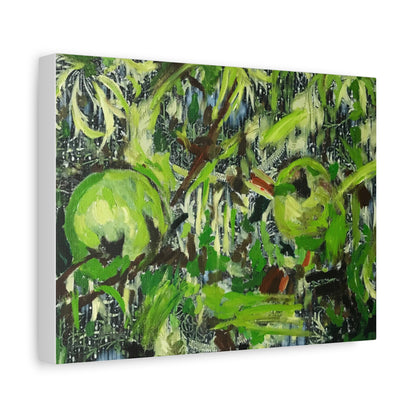 Side view of a matte canvas print featuring green apples and brown tones, accented with abstract floral and decorative patterns on a white background. Inspired by pieces you might discover in an art shop, artwork shop, or artist studio, it brings the design creativity of a modern painting into your interior.