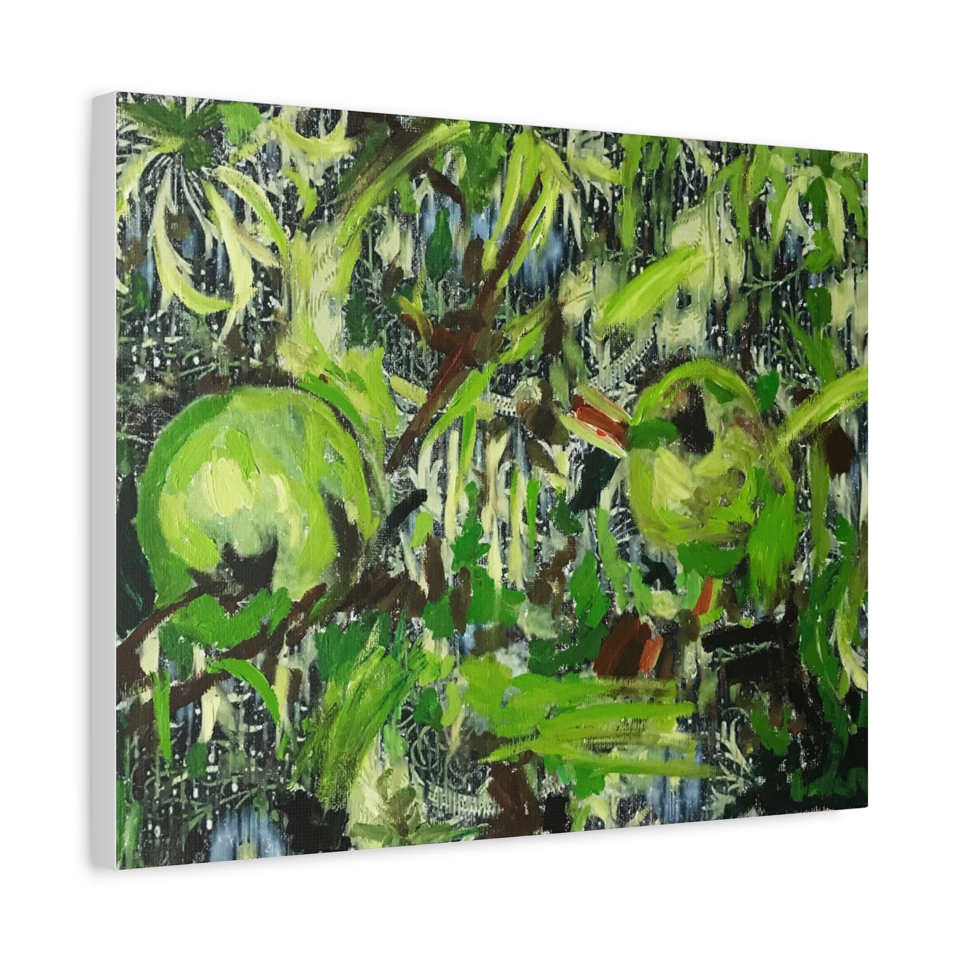 Side view of a larger matte canvas print featuring green apples and brown tones, accented with abstract floral and decorative patterns on a white background. Inspired by pieces you might discover in an art shop, artwork shop, or artist studio, it brings the design creativity of a modern painting into your interior.