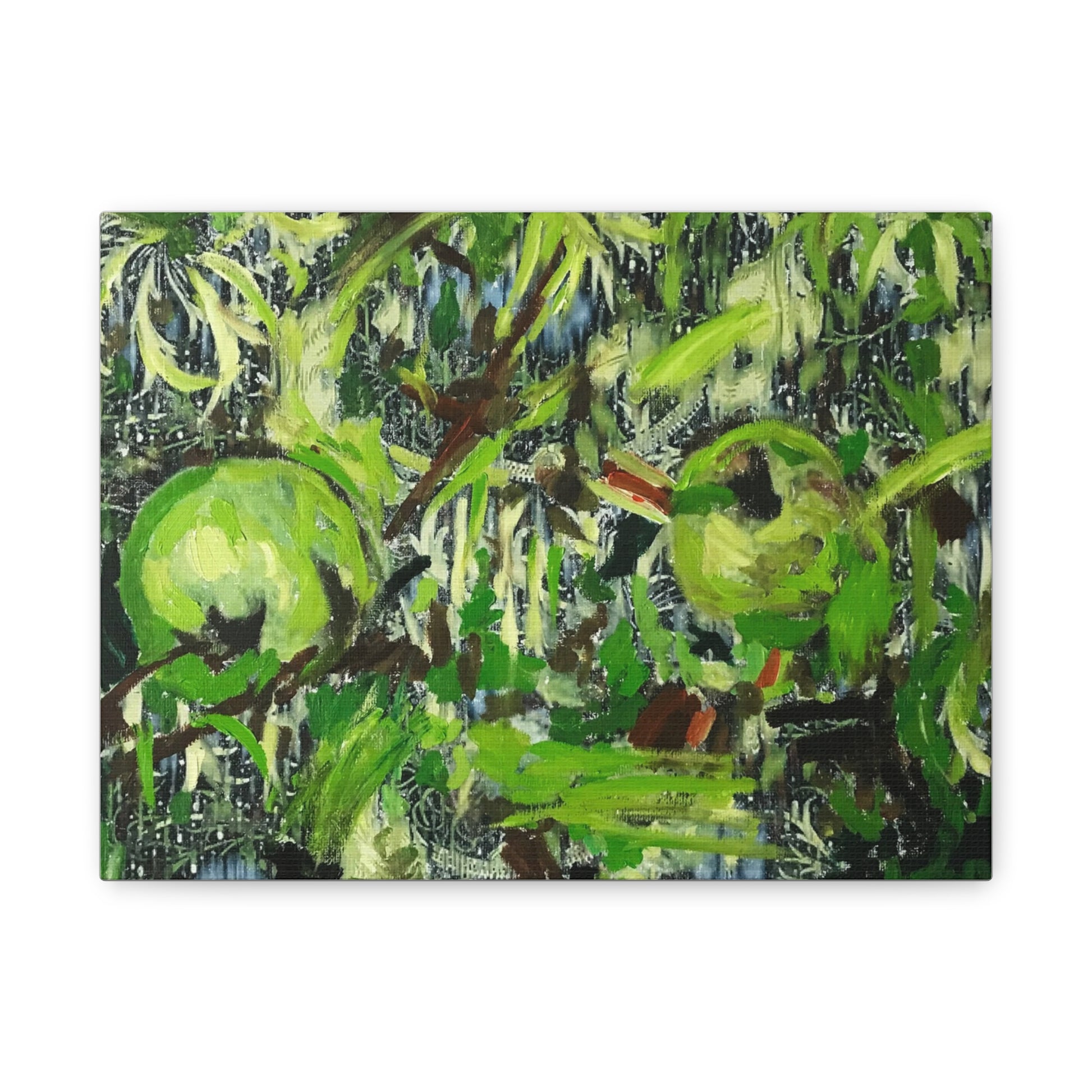 This canvas print features green apples and brown tones, accented with abstract floral and decorative patterns on a white background. Inspired by pieces you might discover in an art shop, artwork shop, or artist studio, it brings the creativity of a modern painting into your space. Perfect for enhancing your home decor, this piece blends art and interior design seamlessly, making it an ideal example of interior design art that adds style and sophistication to any room. Front view of a canvas print.