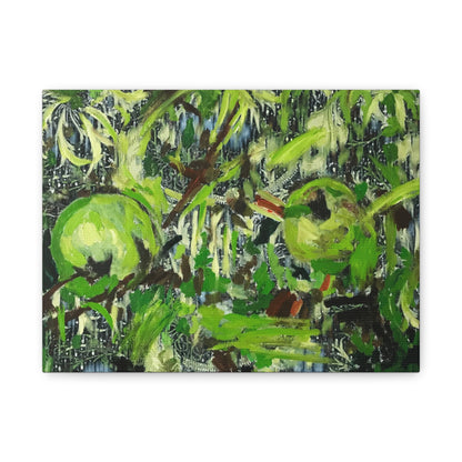 This canvas print features green apples and brown tones, accented with abstract floral and decorative patterns on a white background. Inspired by pieces you might discover in an art shop, artwork shop, or artist studio, it brings the creativity of a modern painting into your space. Perfect for enhancing your home decor, this piece blends art and interior design seamlessly, making it an ideal example of interior design art that adds style and sophistication to any room. Front view of a canvas print.
