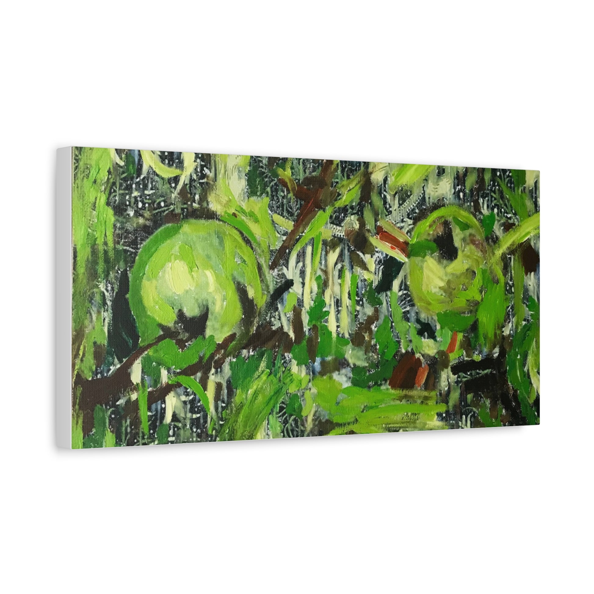 Side view of a long matte canvas print featuring green apples and brown tones, accented with abstract floral and decorative patterns on a white background. Inspired by pieces you might discover in an art shop, artwork shop, or artist studio, it brings the design creativity of a modern painting into your interior.