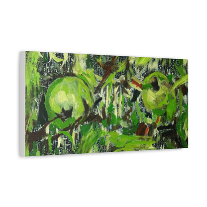 Side view of a long matte canvas print featuring green apples and brown tones, accented with abstract floral and decorative patterns on a white background. Inspired by pieces you might discover in an art shop, artwork shop, or artist studio, it brings the design creativity of a modern painting into your interior.