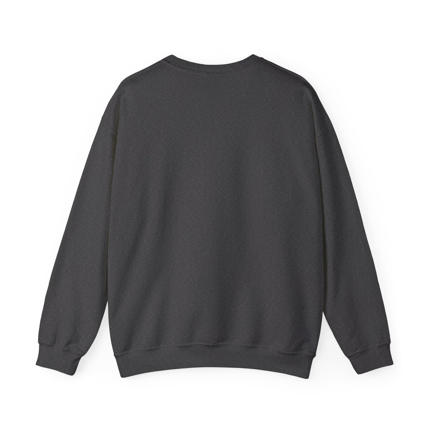 Back view of a dark grey charcoal sweatshirt with a graphic design of a blond woman on a white background