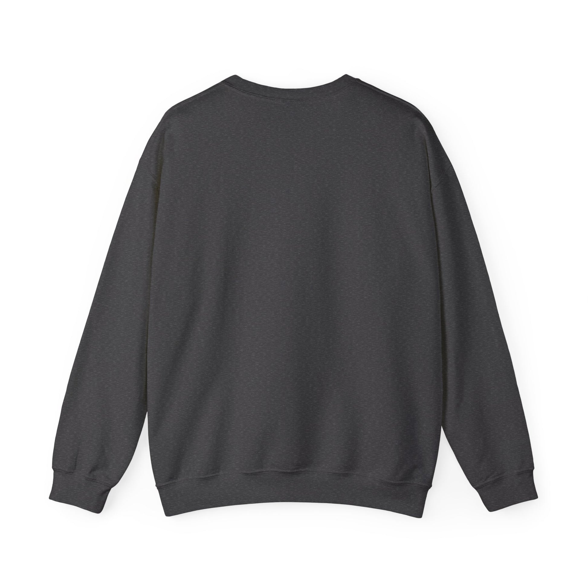Back view of a dark grey charcoal sweatshirt with a graphic design of a blond woman on a white background