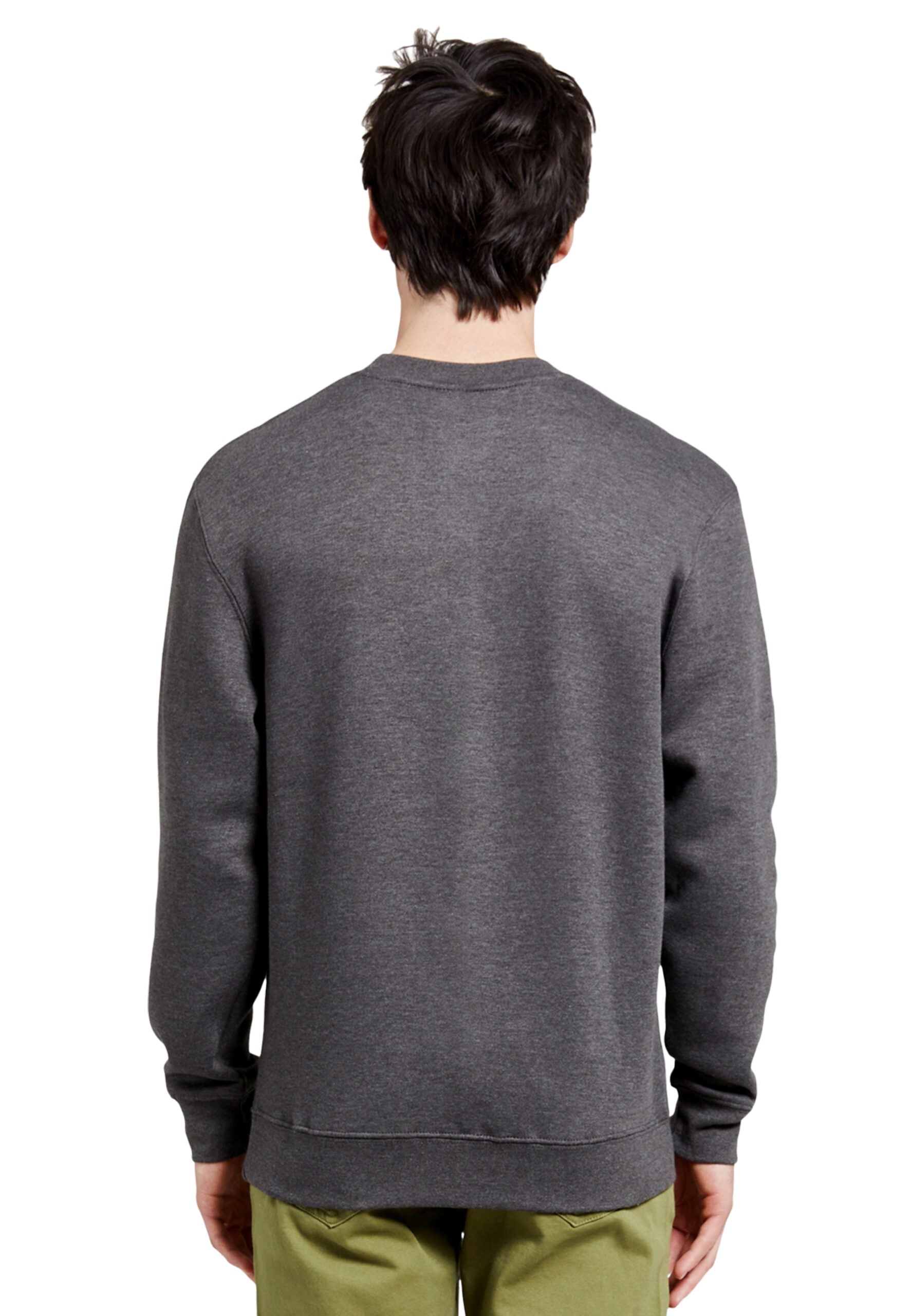 Back view of a man wearing a grey charcoal sweatshirt featuring a striking painting-style paintover graphic of a man or woman wearing a coat with red nails and red lips. This piece blends the world of art and fashion, standing out among trendy attires you only discover in artist studios.