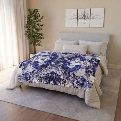 Bedroom with a colorful blanket featuring a vibrant pattern of floral and abstract shapes on a white background, reminiscent of a contemporary painting. Inspired by designs you only find in art studios, it brings a touch of artistic flair to your home decor and house decor. Perfect for enhancing any room with style and creativity, it is an ideal addition for those who appreciate thoughtful interior design and the beauty of art.