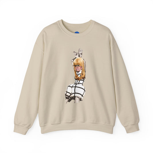 Beige sweatshirt with a graphic of a person with blonde hair on a white background
