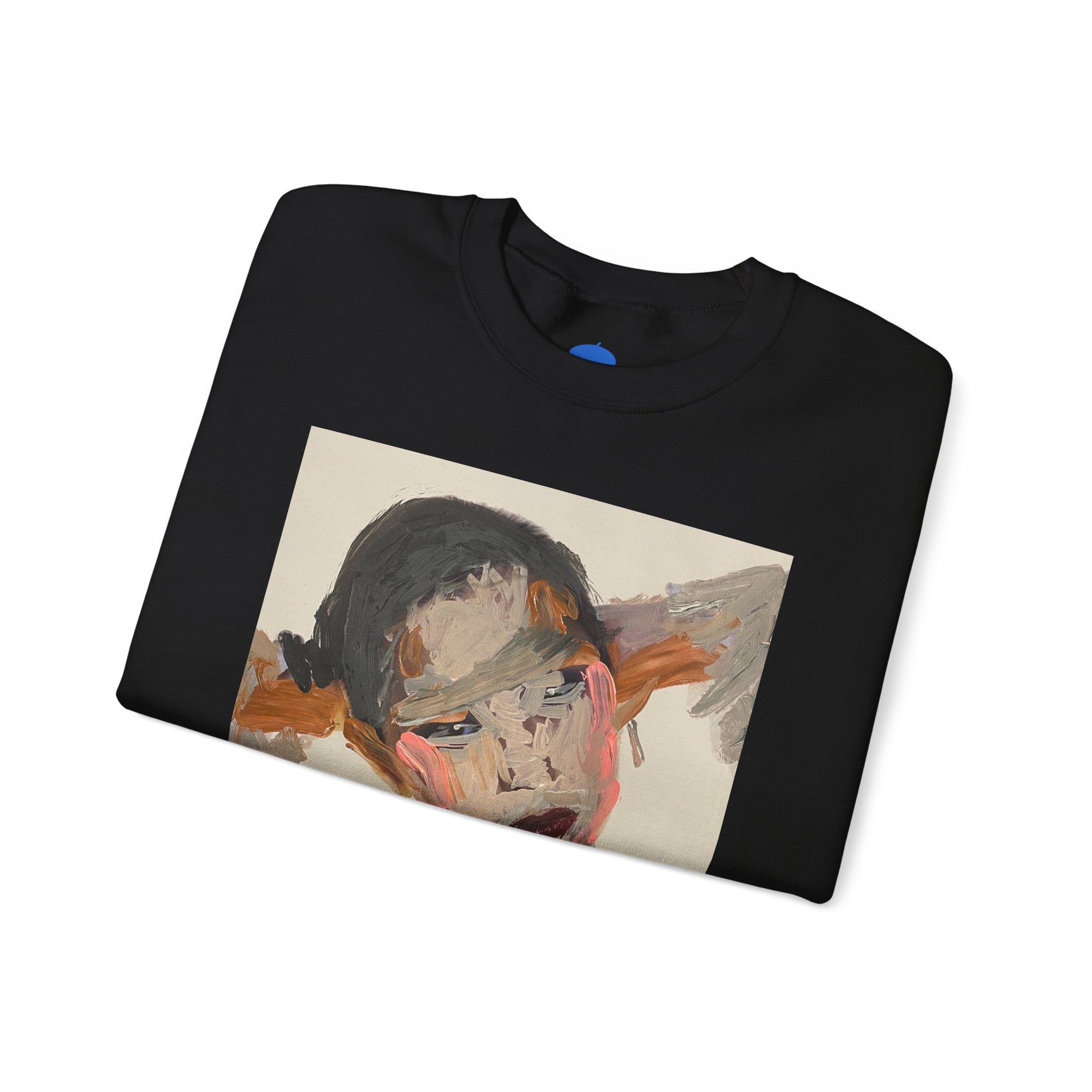 Black sweatshirt with a graphic design of a woman's face on a white background