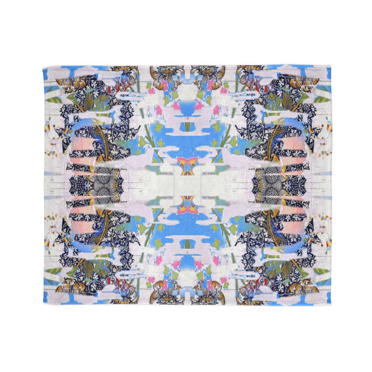 Colorful blanket featuring a vibrant pattern of floral and abstract shapes on a white background, reminiscent of a contemporary painting. Inspired by designs you might find in an art shop or artwork shop, it brings a touch of artistic flair to your home decor and house decor. Perfect for enhancing any room with style and creativity, it is an ideal addition for those who appreciate thoughtful interior design and the beauty of art. Front view of the blanket on a white background.