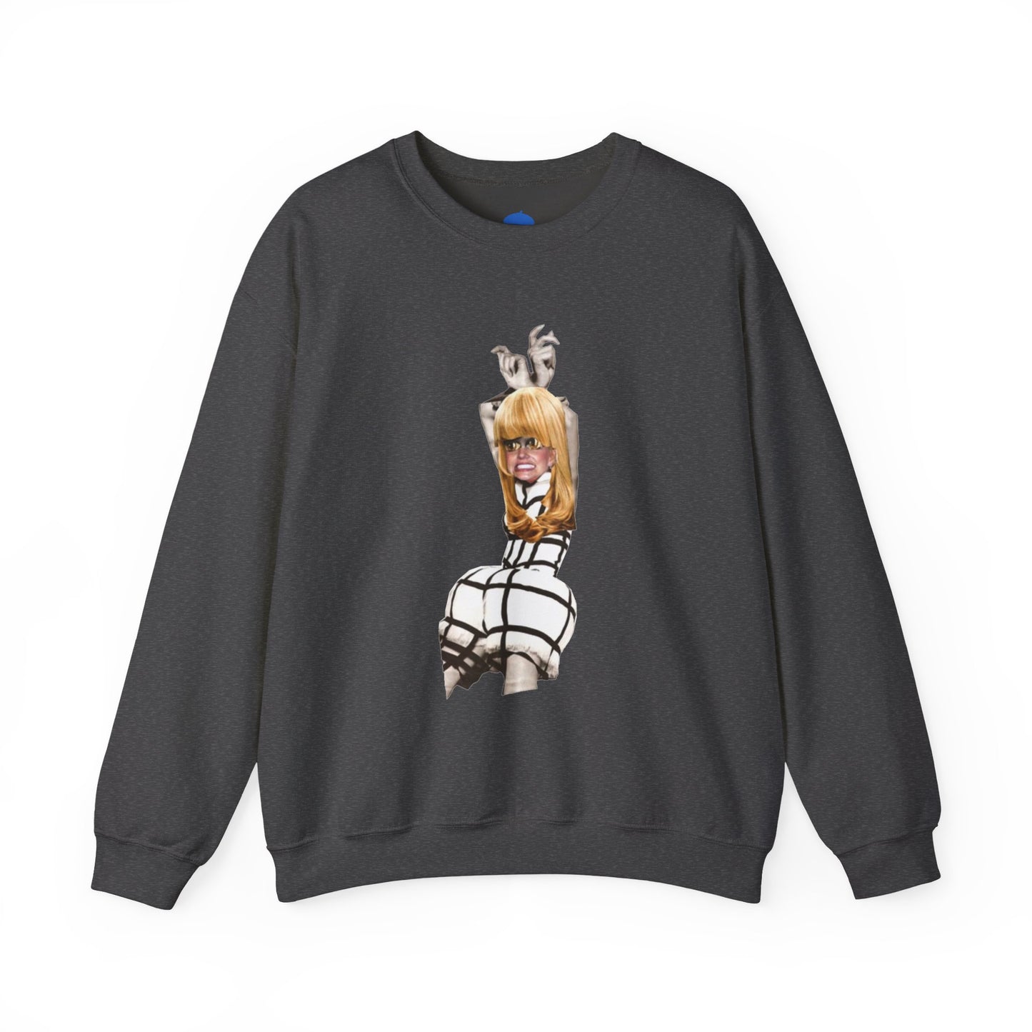 Dark grey charcoal sweatshirt with a graphic design of a blond woman on a white background
