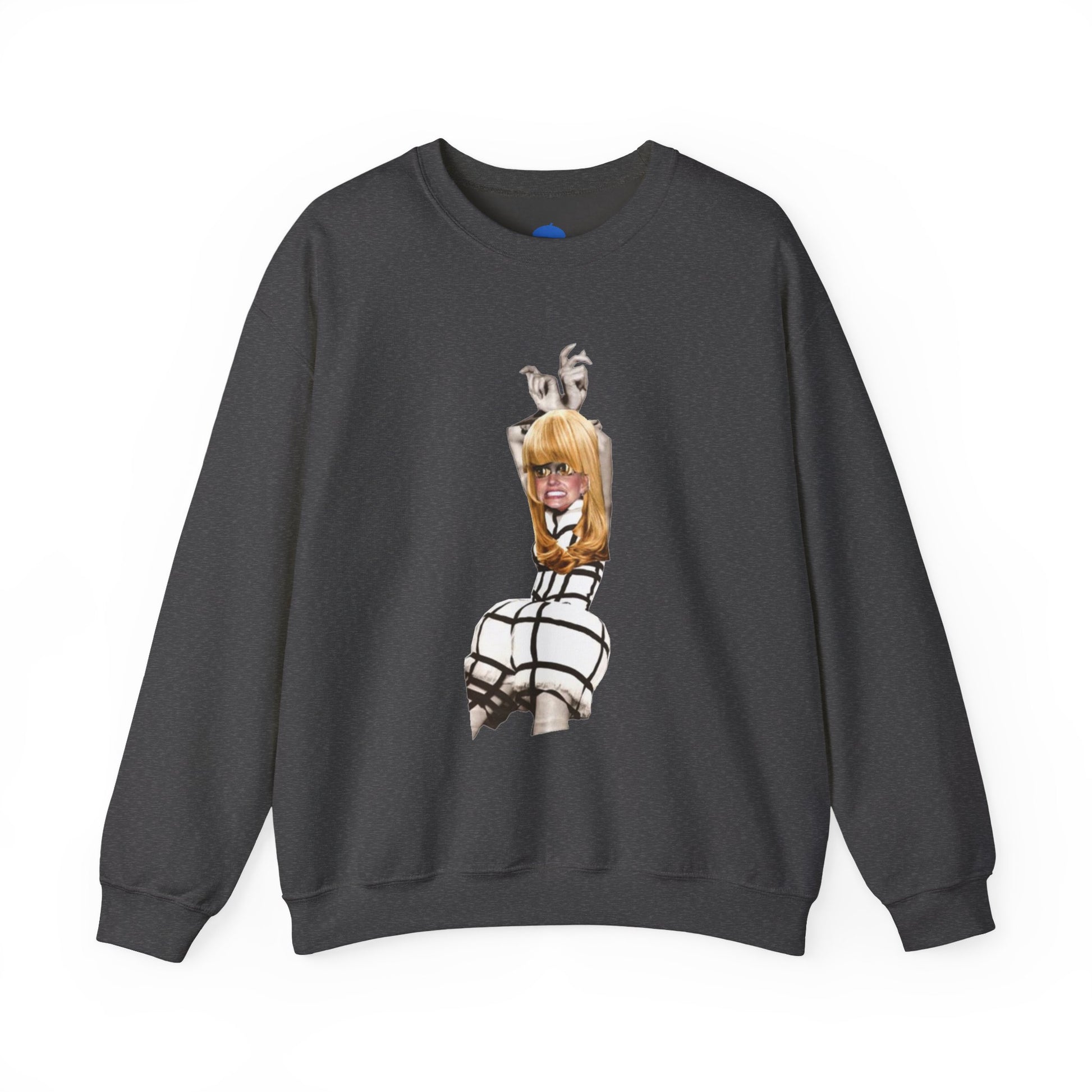 Dark grey charcoal sweatshirt with a graphic design of a blond woman on a white background