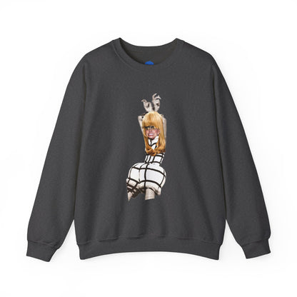 Dark grey charcoal sweatshirt with a graphic design of a blond woman on a white background