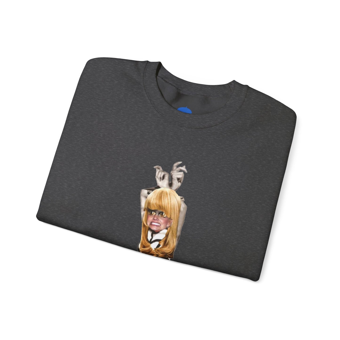 Folded dark grey charcoal sweatshirt with a graphic design of a blond woman and logo 'beret bleu' on a white background