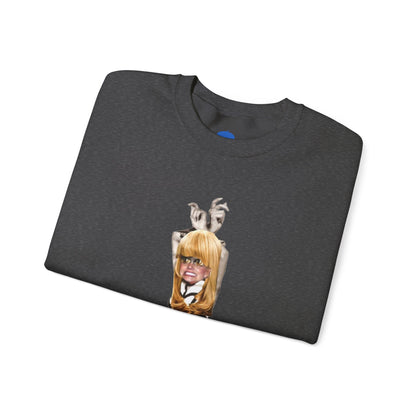 Folded dark grey charcoal sweatshirt with a graphic design of a blond woman and logo 'beret bleu' on a white background