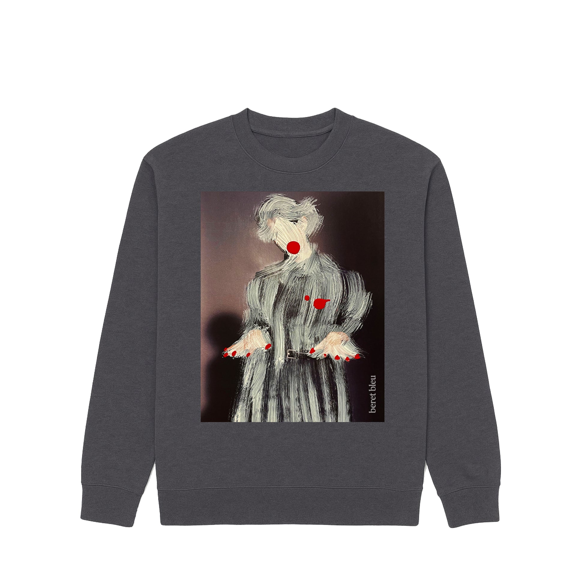 Front view of a grey charcoal sweatshirt featuring a striking painting-style paintover graphic of a man or woman wearing a coat with red nails and red lips. This piece blends the world of art and fashion, standing out among trendy attires you only discover in artist studios.