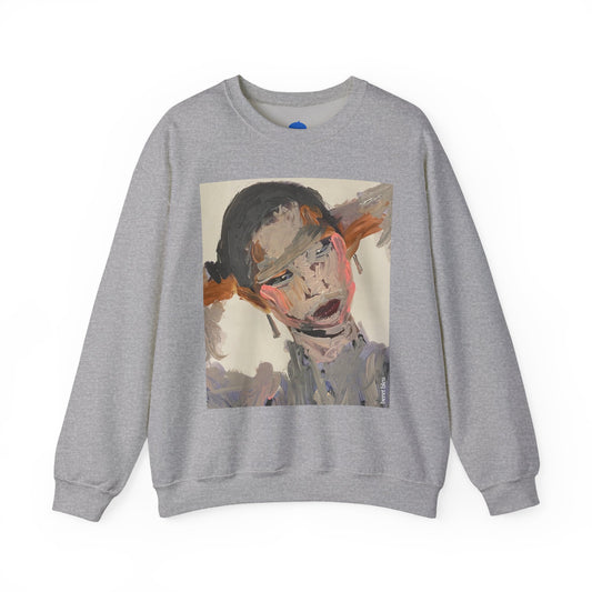 Gray sweatshirt with a graphic of a stylized face on a white background