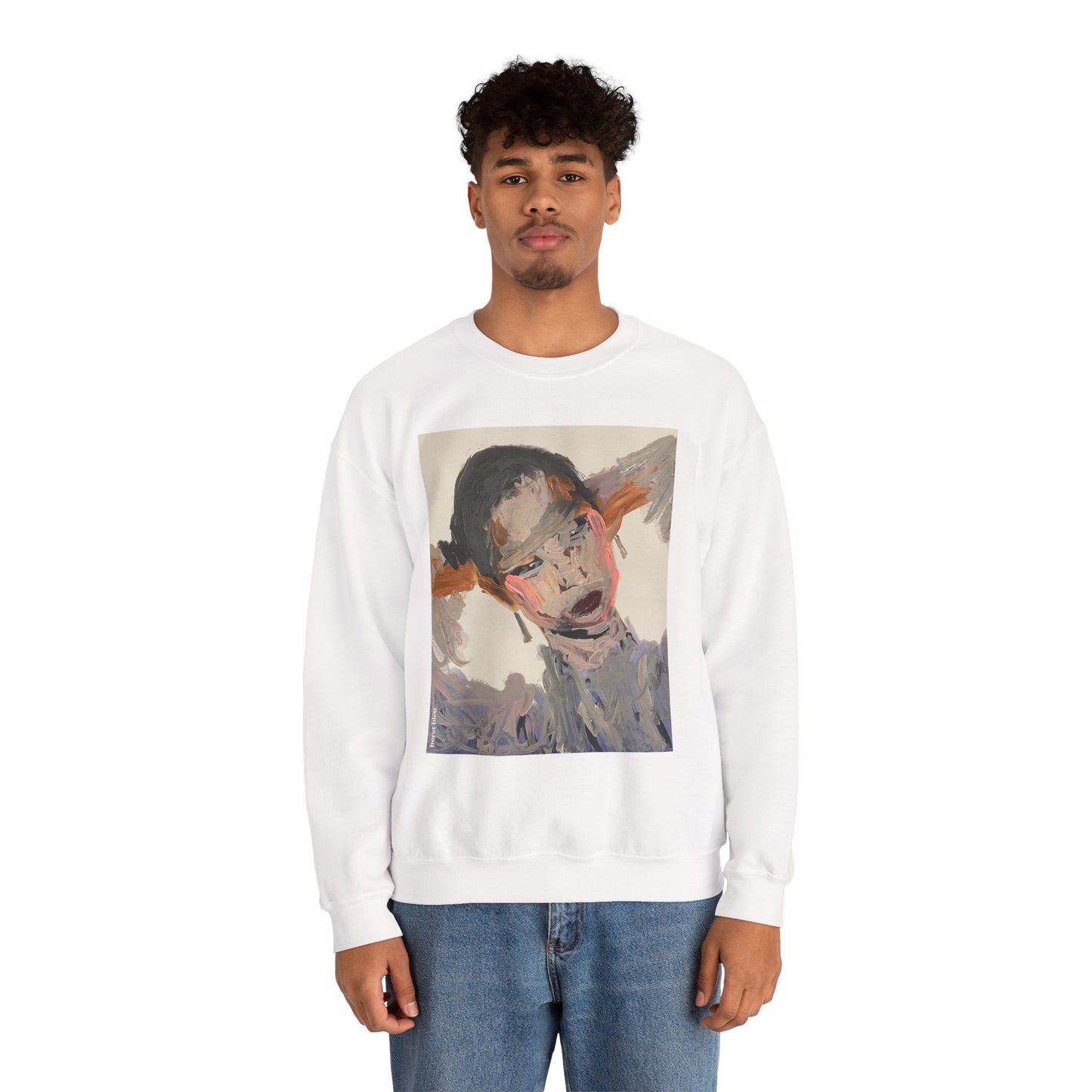 Person wearing a white sweatshirt with a graphic design on a white background