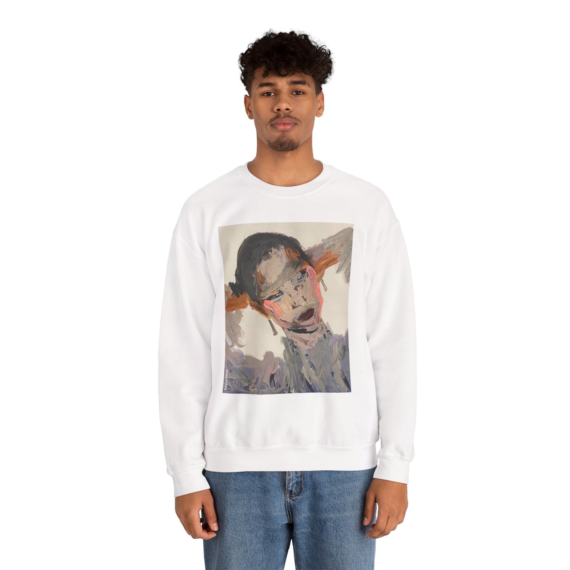 Person wearing a white sweatshirt with a graphic design on a white background