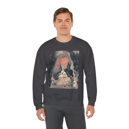 Person wearing a dark sweatshirt with a graphic design of Louis XIV on a white background