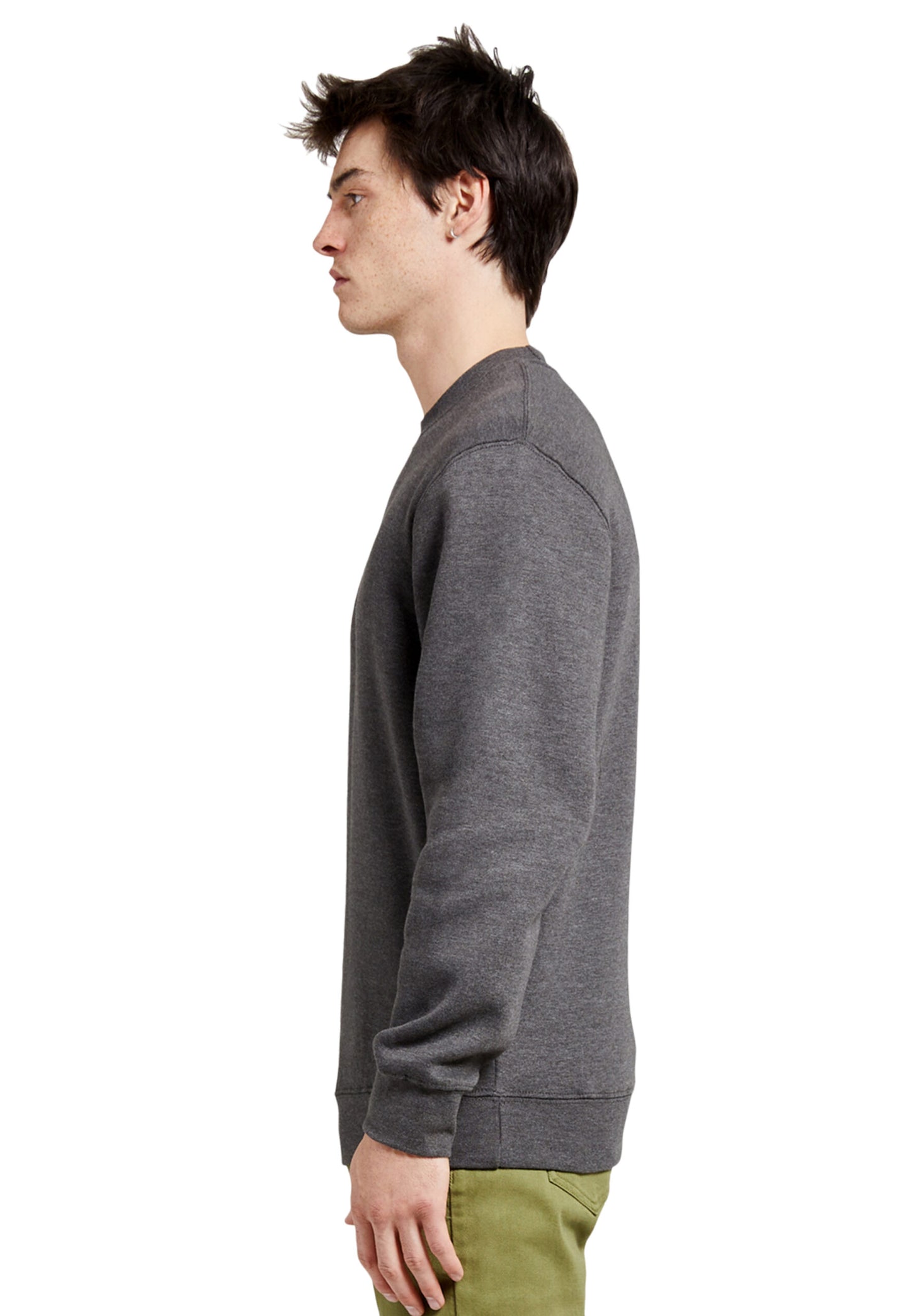 Side view of a man wearing a grey charcoal sweatshirt featuring a striking painting-style paintover graphic of a man or woman wearing a coat with red nails and red lips. This piece blends the world of art and fashion, standing out among trendy attires you only discover in artist studios.