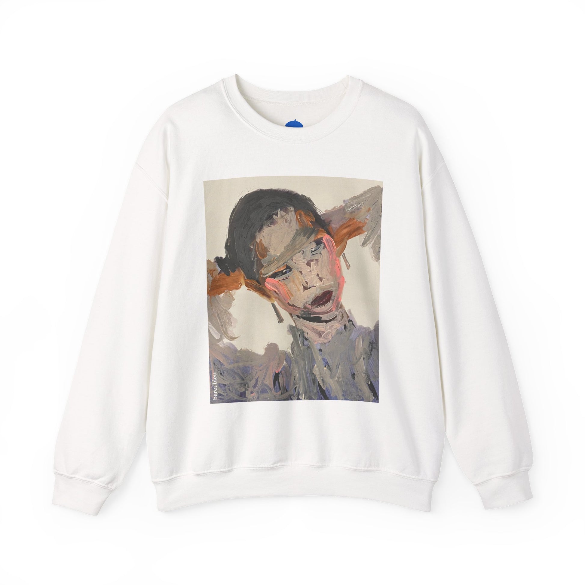 White sweatshirt with a graphic of a stylized face on a white background
