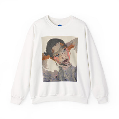 White sweatshirt with a graphic of a stylized face on a white background