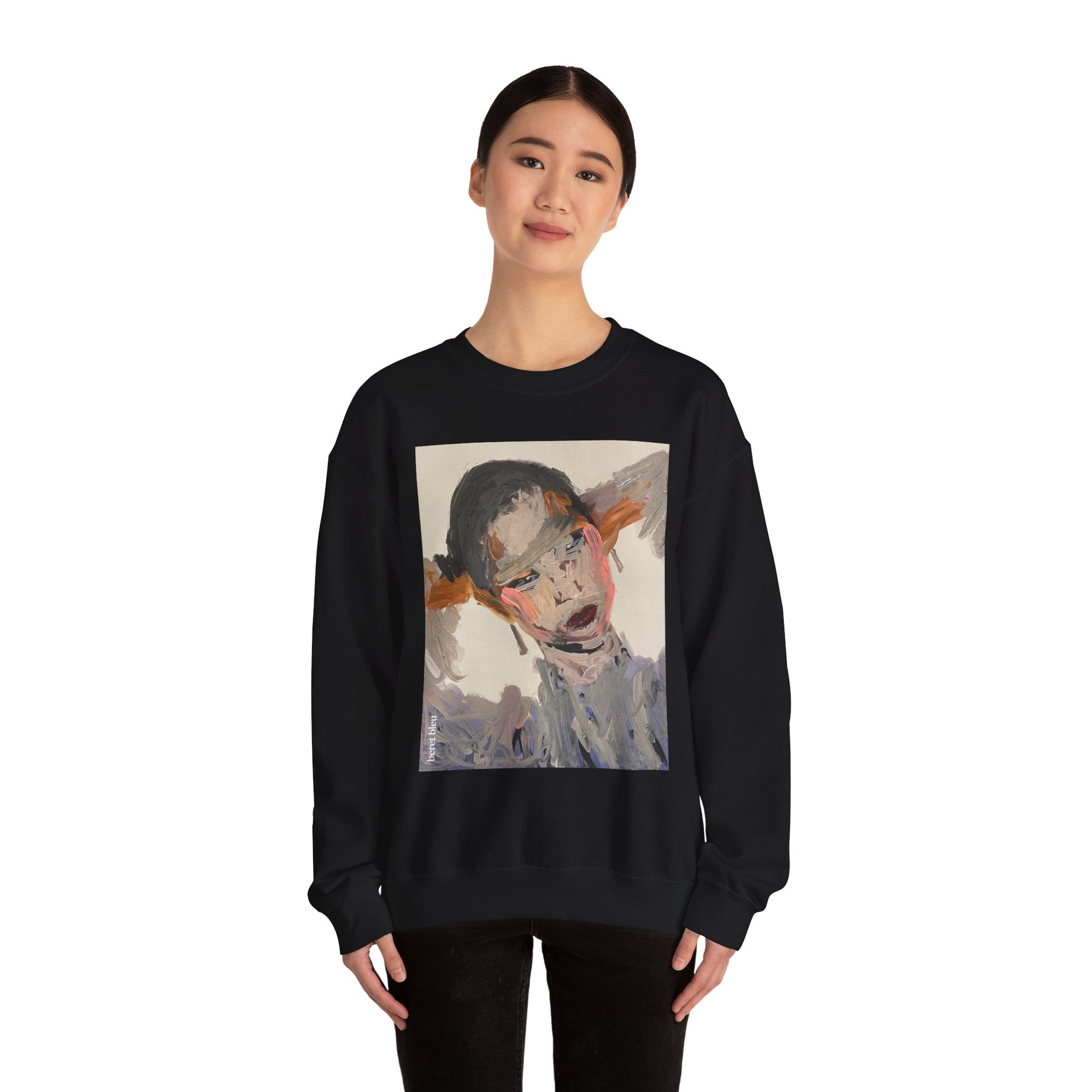 Black sweatshirt with a graphic design of a woman's face on a white background