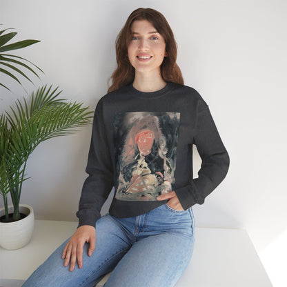 Woman wearing a black sweatshirt with a graphic design of Louis XIV, sitting on a white surface with a plant in the background