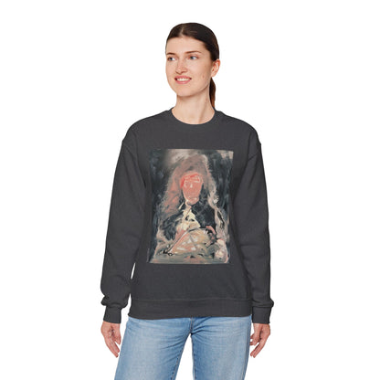 Woman wearing a dark grey charcoal sweatshirt with a graphic design of Louis XIV on a white background