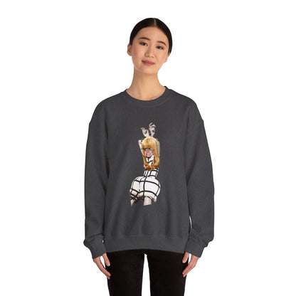 Woman wearing a dark grey charcoal sweatshirt with a graphic design of a blond woman on a white background